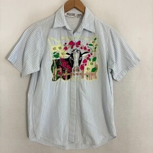 Western Connection Shirt Womens M Button Up Embroidered Striped Cow Farm Cottage